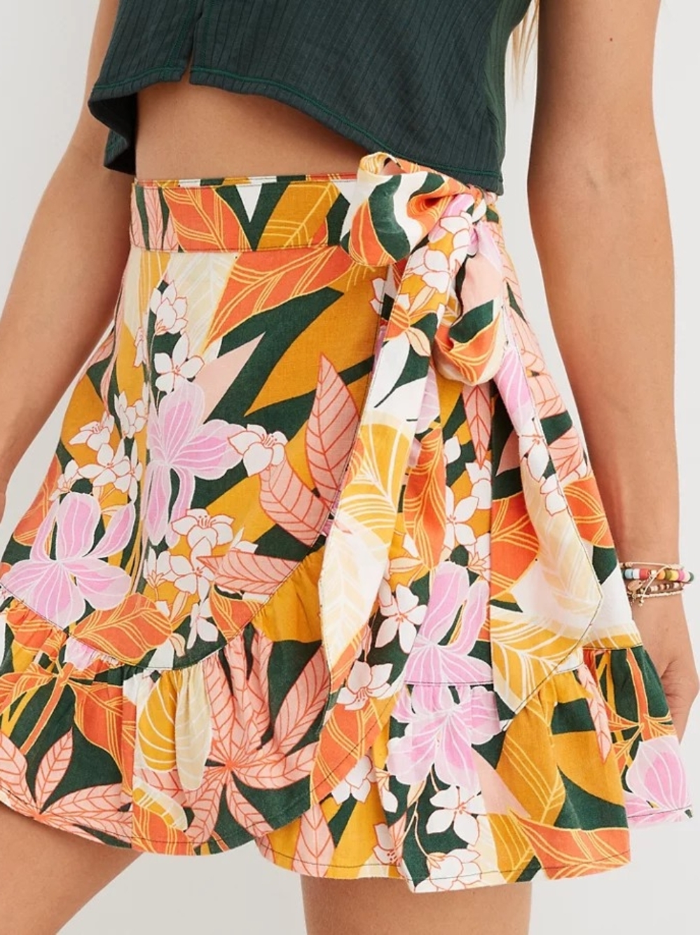 Aerie Floral Wrap Mini Skirt - Pink, Mustard & Green - Picture 6 of 10